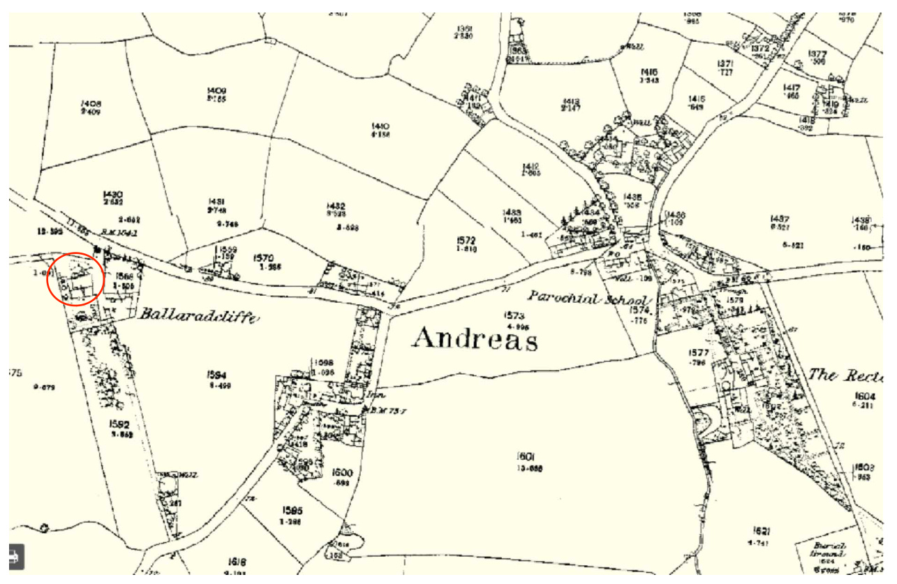 A black and white site location map showing the parish of Andreas and Ballaradcliffe, with a red circle highlighting the specific application site.