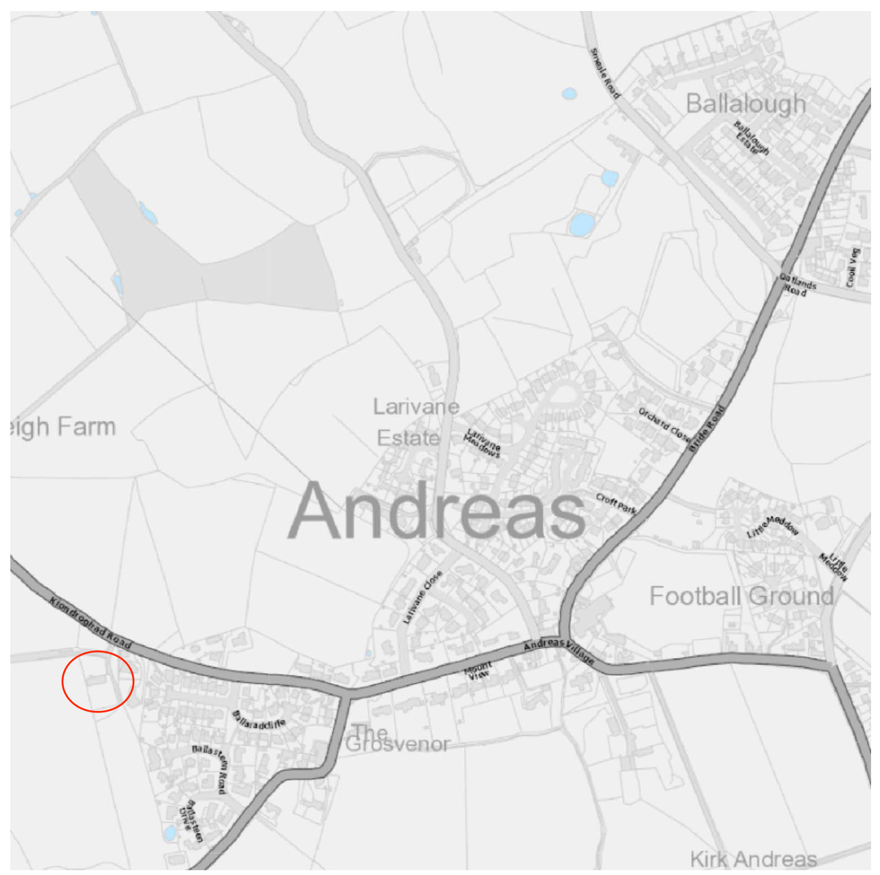 A site location map showing the area around Andreas with a red circle highlighting the specific plot of land near Kiondroghad Road.