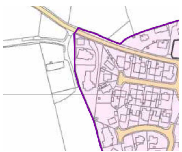 A site plan showing a residential area with a purple boundary line outlining the specific property plot.
