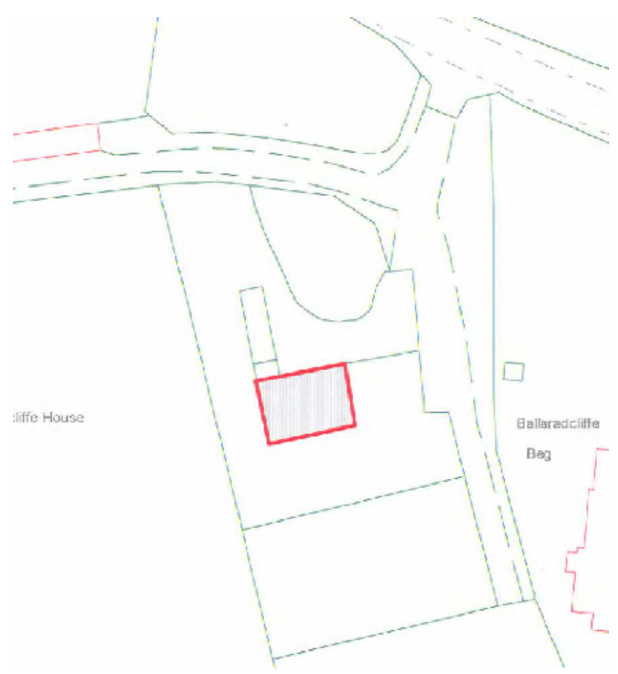 A site plan showing property boundaries, a road, and a proposed structure highlighted with red hatching.
