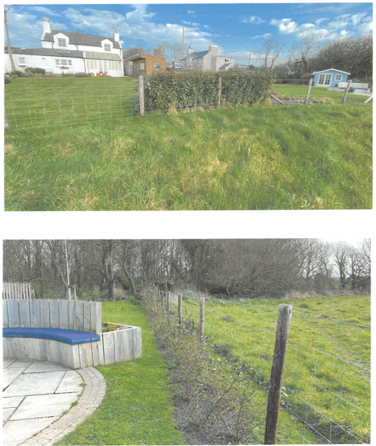 Two photographs showing a rural property with a white house, grassy fields, and a patio area with a wooden bench and fence.