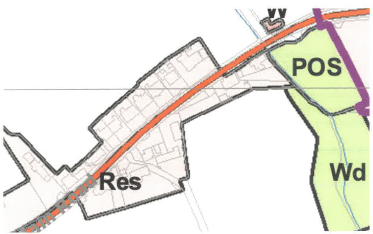 A zoning map displaying land use designations including residential, public open space, and woodland areas separated by a road.