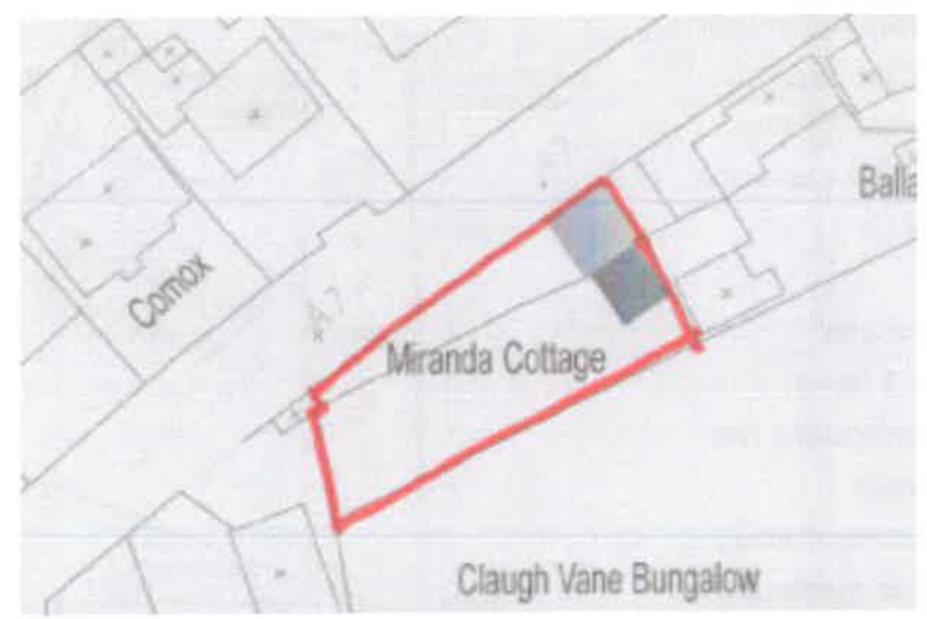 A site plan showing the red-outlined curtilage of 'Miranda Cottage' with neighboring properties labeled, indicating the area of proposed change.
