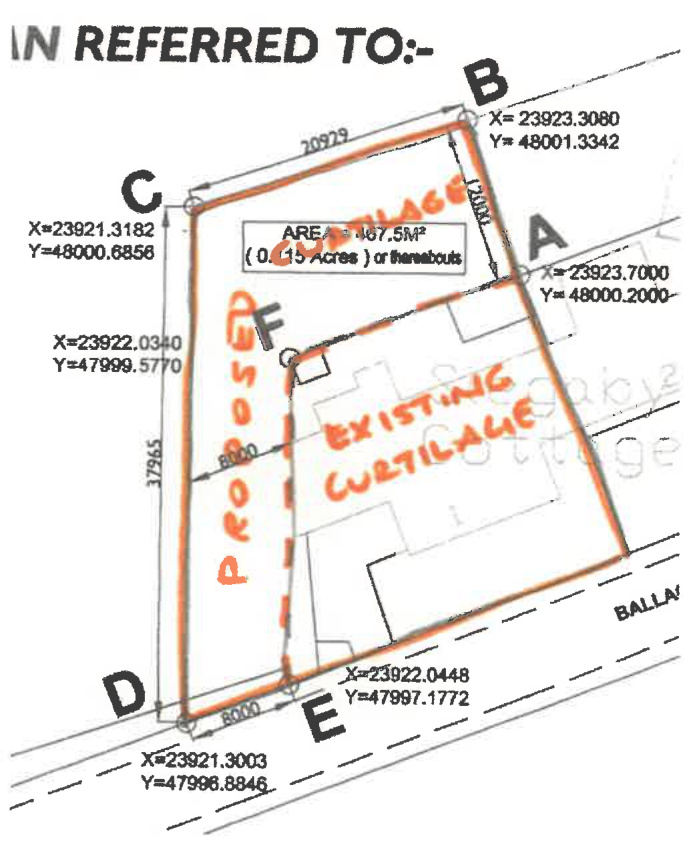 A technical site plan illustrating the proposed curtilage extension with boundary coordinates and dimensions relative to an existing cottage.
