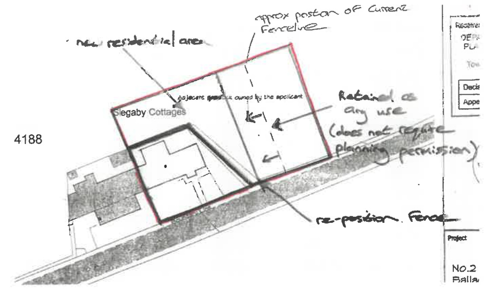 A hand-annotated site plan sketch indicating a proposed 'new residential area' boundary extension for Slegaby Cottages with handwritten notes on fence positioning.