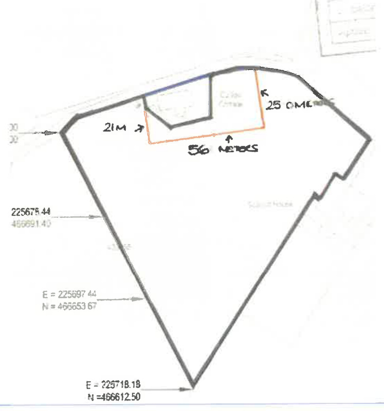 A hand-drawn sketch overlaid on a printed site plan showing boundary coordinates and dimensions for a proposed curtilage extension.