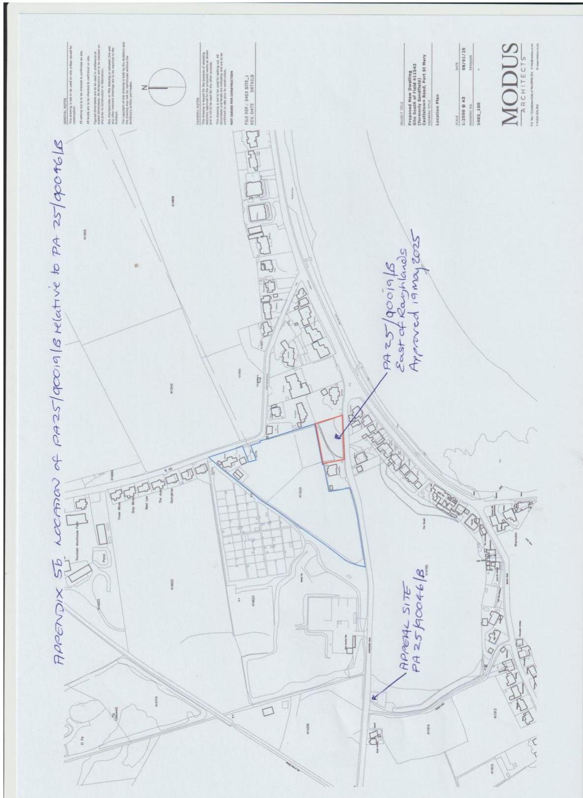 A location plan showing the site boundaries and surrounding properties in a rural area with handwritten notes indicating application references.