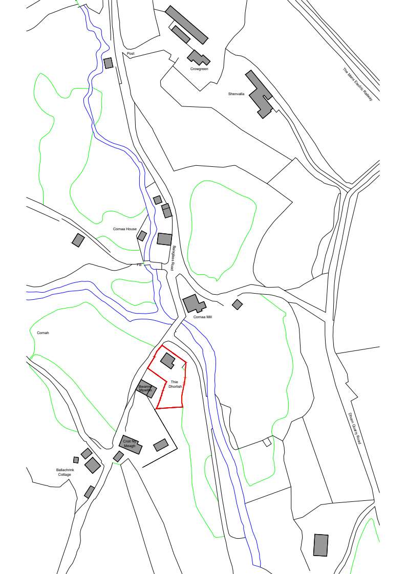 A site location plan showing the proposed development site outlined in red, labeled 'The Dronish', situated near Comnaa Mill and Ballyloughan Road.