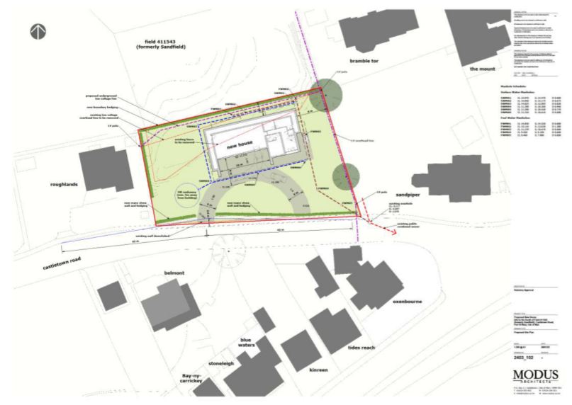 This image displays a detailed site plan for a proposed new detached house, showing the building footprint, access driveway, and surrounding properties. It includes boundary lines, landscaping areas, and a schedule of...