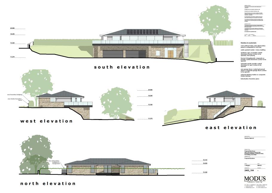 Architectural elevations showing the north, south, east, and west views of a proposed detached bungalow with solar panels and a garage.