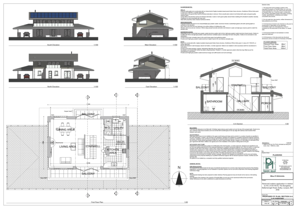 Architectural drawing sheet displaying four elevations, a first-floor plan, and a cross-section of a proposed modern detached bungalow. The drawings include details of solar panels on the roof and internal room layouts.