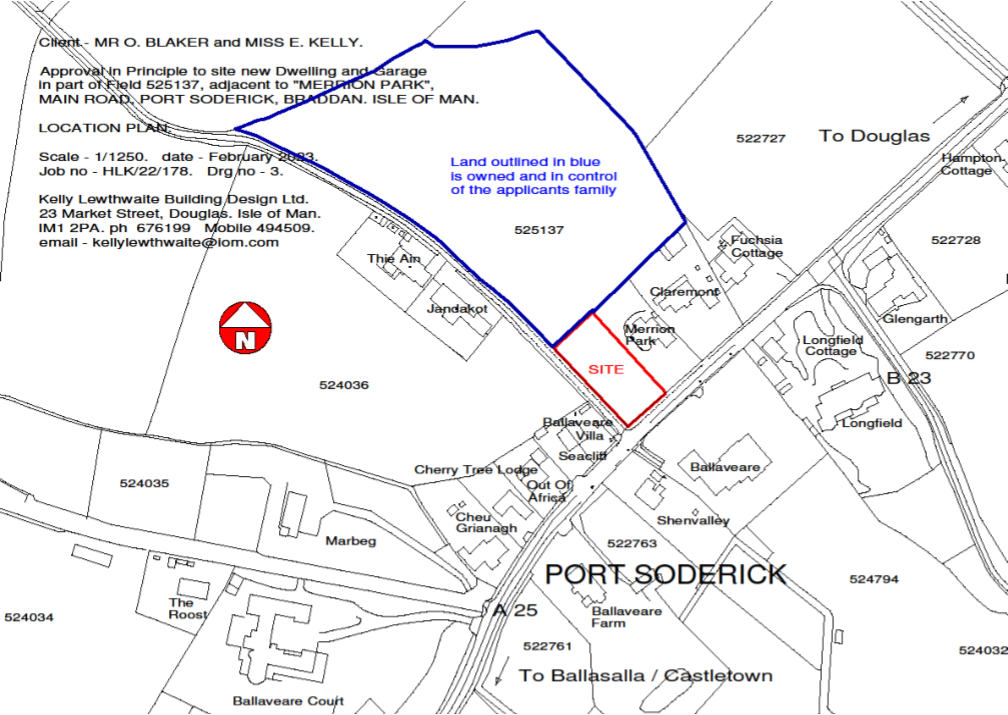 A location plan showing the proposed site outlined in red and the surrounding land outlined in blue, with nearby properties and roads labeled.