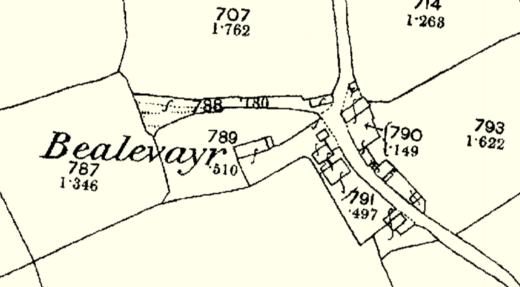 A black and white site plan or map showing property boundaries, plot numbers, and small structures along a road labeled 'Bealevayr'.