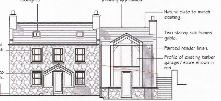 This image displays an architectural elevation drawing showing an existing stone house and a proposed two-storey oak-framed extension. Annotations detail materials like natural slate and painted render, along with the...