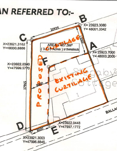 A site plan detailing the proposed and existing curtilage boundaries with coordinates and dimensions for a property extension.