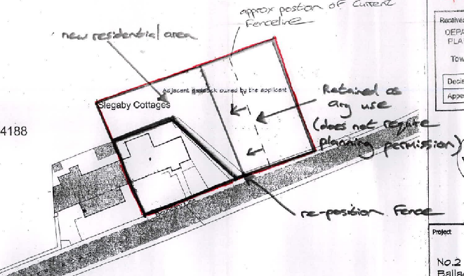 A site plan with handwritten annotations indicating a new residential area, boundary adjustments, and fence repositioning near Slegaby Cottages.