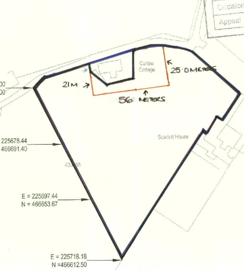 A site plan showing property boundaries, dimensions, and coordinates for Curlew Cottage and Scarlett House.