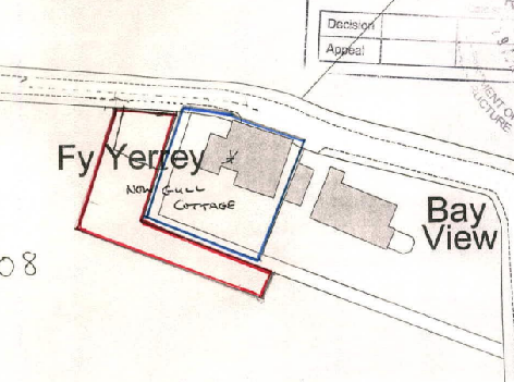 A site plan sketch showing the layout of 'New Gull Cottage' with red and blue boundary lines indicating the proposed extension and curtilage area.