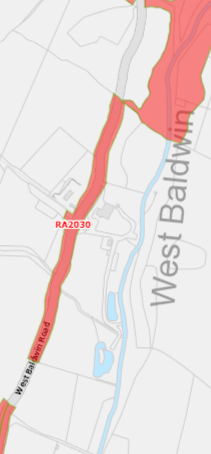A site location map showing a red highlighted area along West Baldwin road, indicating the proposed agricultural development site.
