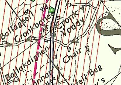 This image displays a section of an Ordnance Survey map featuring rural place names, contour lines, and a highlighted pink boundary line indicating the site location.