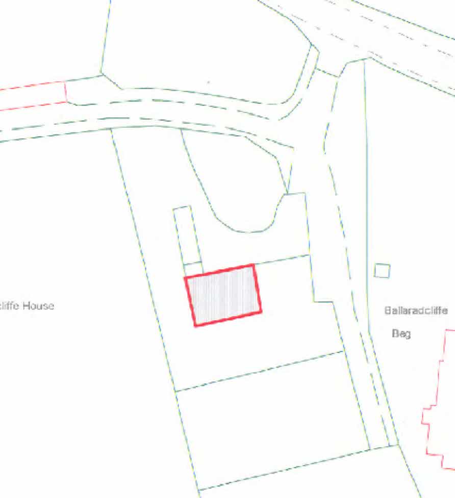 A site plan showing property boundaries, a road, and a red hatched rectangle indicating the proposed detached garage location near Ballaradcliffe House.