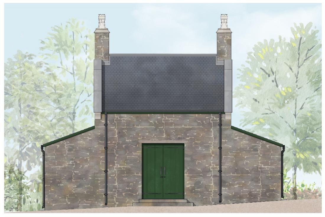 An architectural elevation rendering of a stone building with a slate roof and green double doors, set against a painted background of trees.