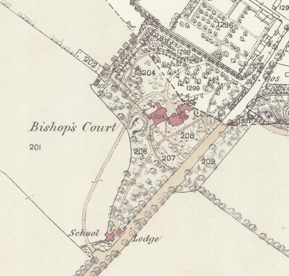 A vintage cadastral map showing the Bishop's Court estate with numbered land parcels, buildings, and detailed landscaping features.