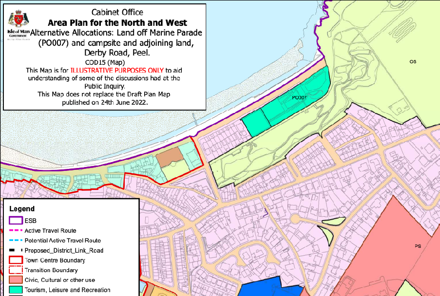A Cabinet Office Area Plan map illustrating land allocations and boundaries in Peel, highlighting tourism and leisure zones near the coast.