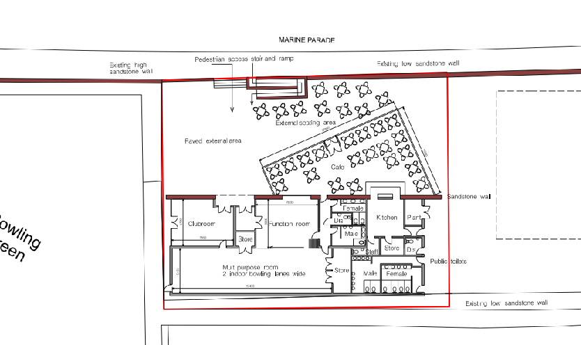 Architectural floor plan showing the internal layout of a bowling clubhouse and cafe with outdoor seating areas and pedestrian access.