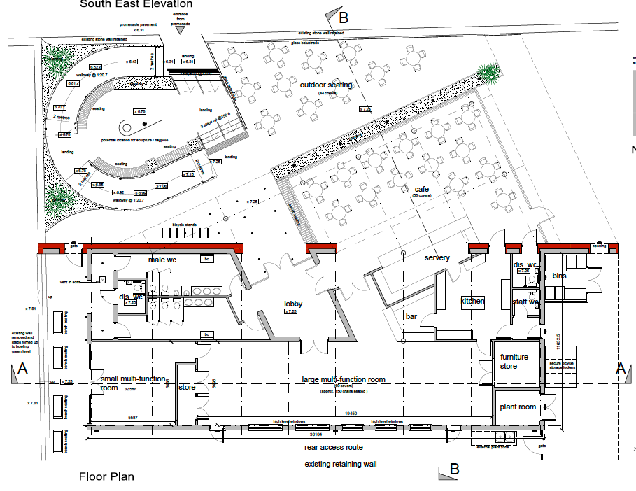 Architectural drawing combining a floor plan of internal rooms like a kitchen and bar with an outdoor seating layout.