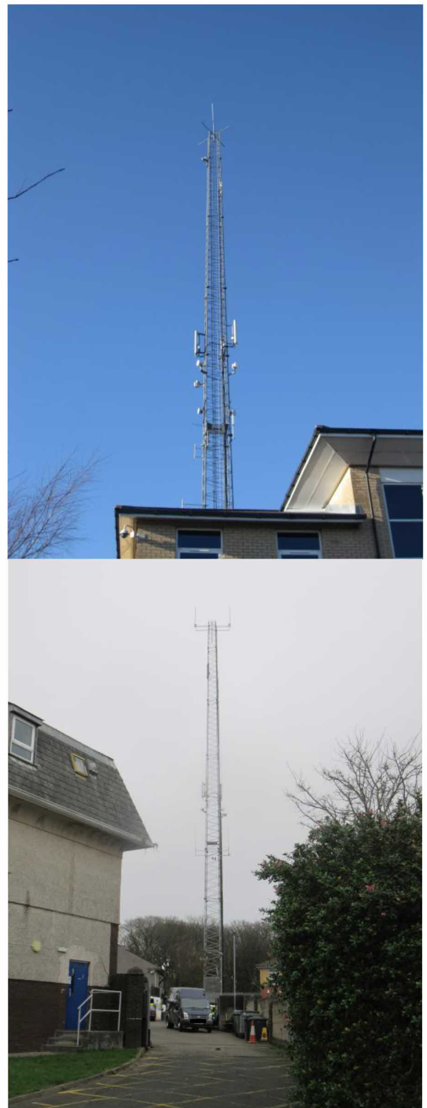The image shows two photographs of a tall telecommunications mast located behind a commercial-style building. The top photo captures the mast against a clear blue sky, while the bottom photo shows the base of the mast...