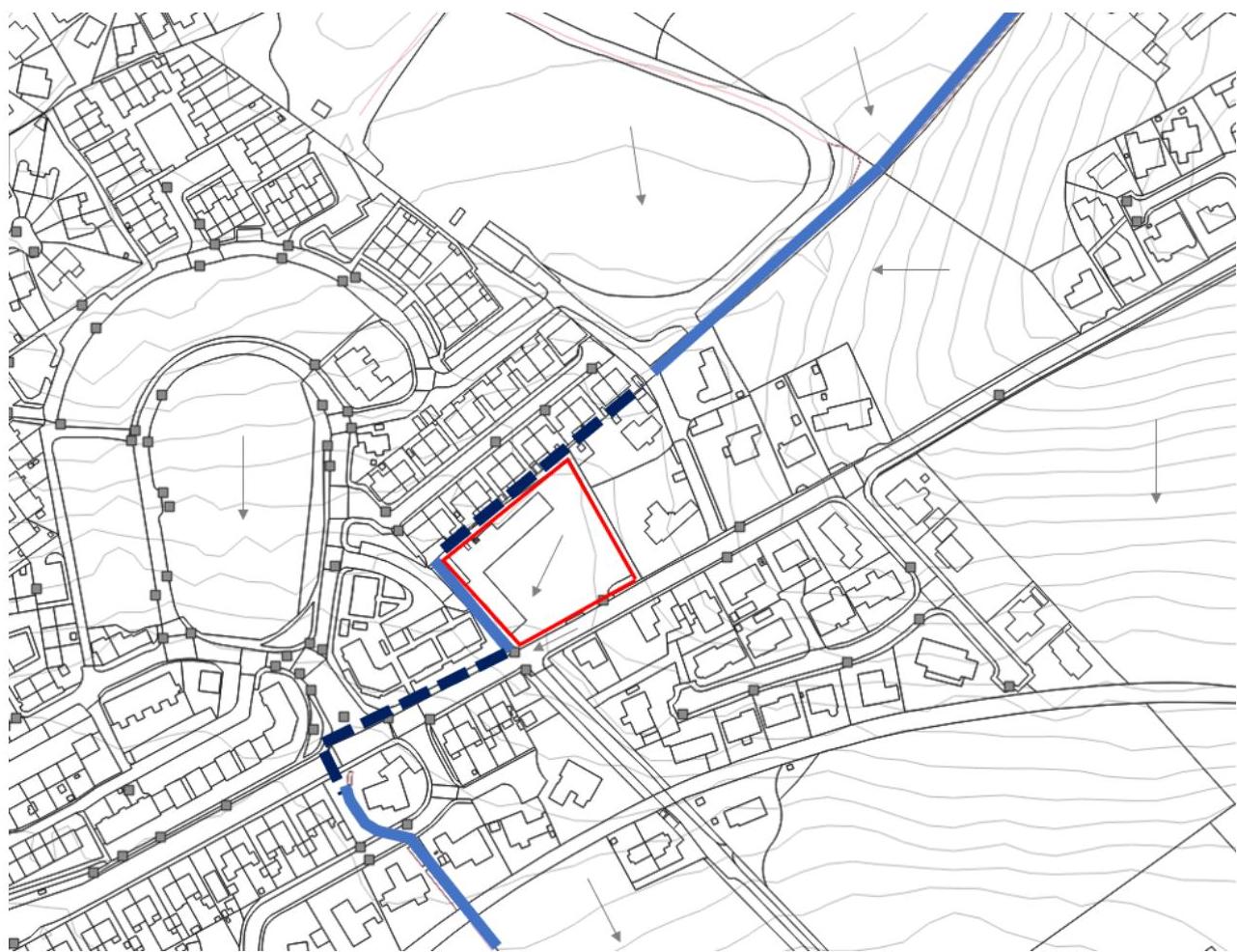 A topographical site plan showing a specific plot of land outlined in red, surrounded by roads and buildings with contour lines indicating the terrain.