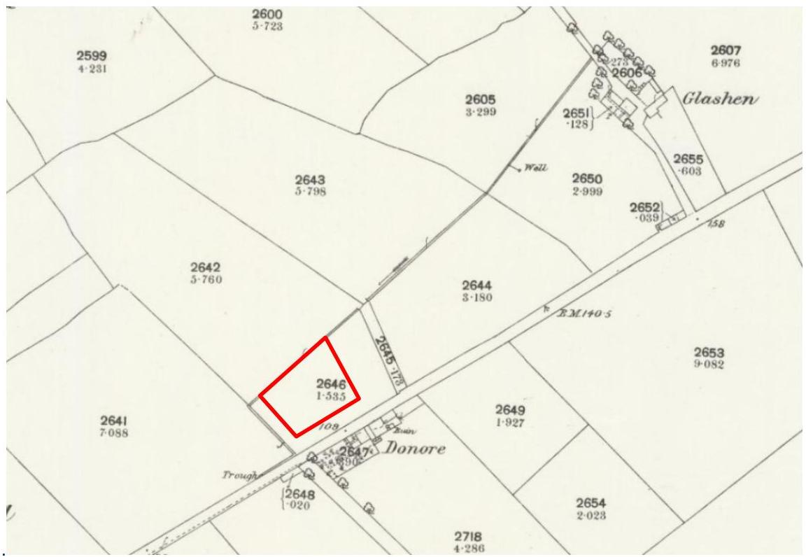 An Ordnance Survey-style map showing field boundaries and plot numbers, with a specific plot highlighted in red.