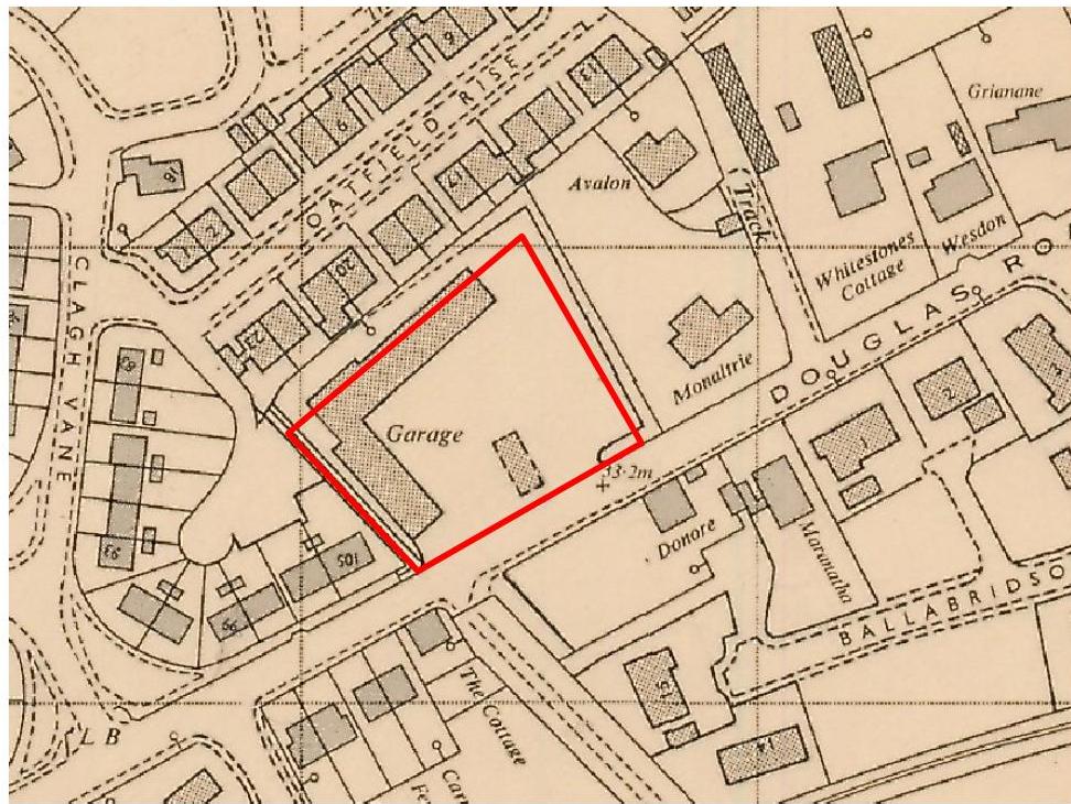 This image displays a vintage-style site plan or location map with a red boundary line highlighting a specific plot containing a building labeled 'Garage'.