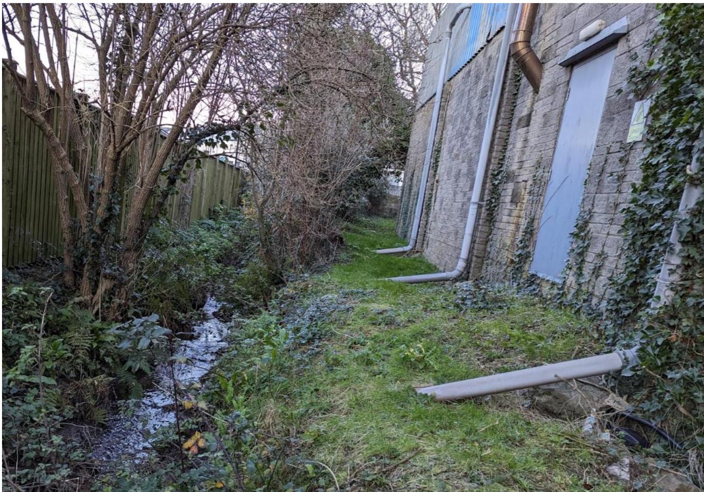A photograph showing a narrow grassy passage alongside a stone building with downpipes and a wooden fence.