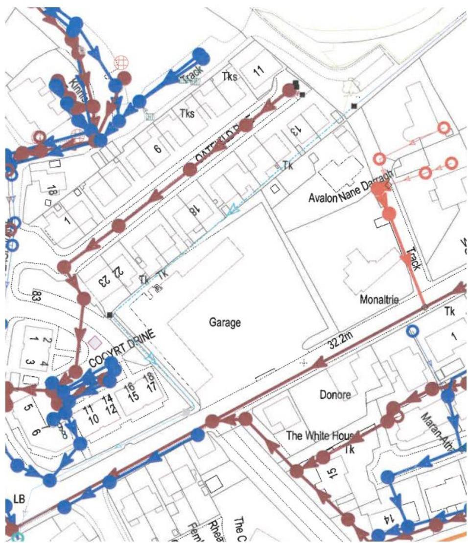A site plan map displaying property boundaries, street names like Cocyrts Drive, and overlaid directional arrows in blue and red.
