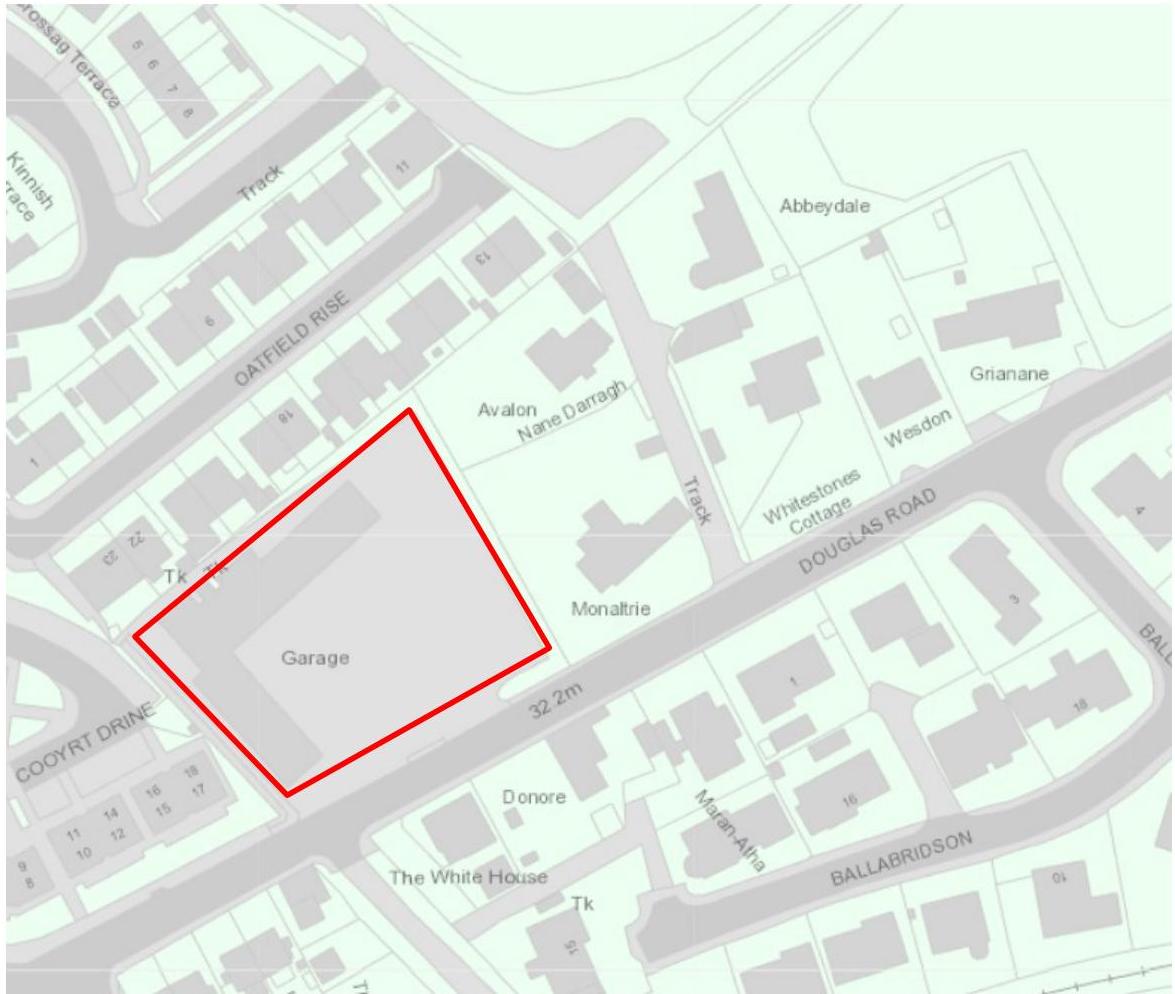 A digital site plan highlighting a specific plot of land outlined in red, labeled 'Garage', situated near Catfield Rise and Douglas Road.
