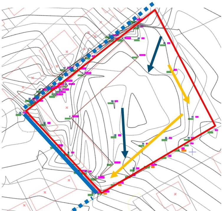 A technical site plan displaying topographical contour lines, colored boundary lines, and arrows indicating surface water flow directions.