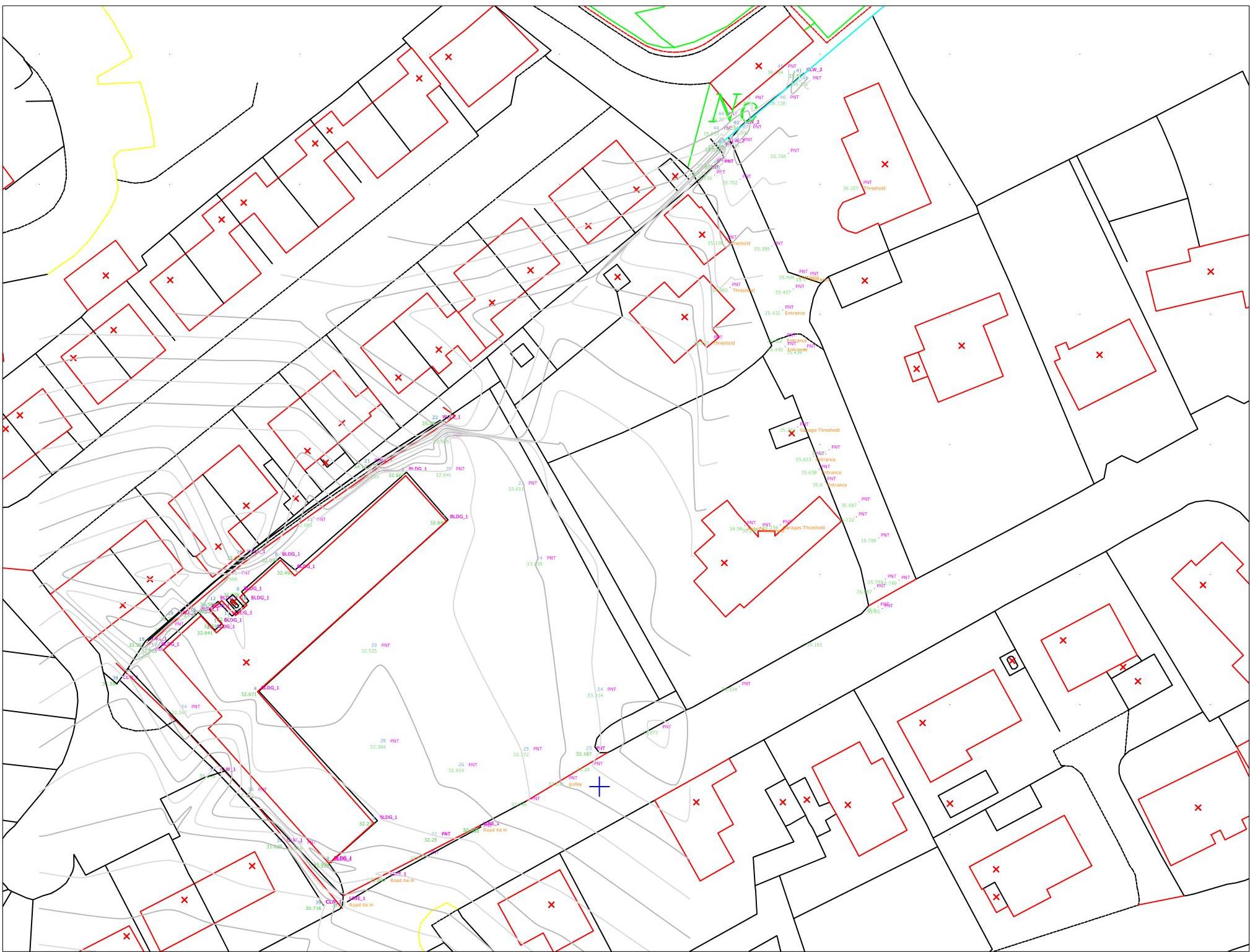 A technical site plan displaying property boundaries in red, existing building footprints, and grey contour lines indicating topography.