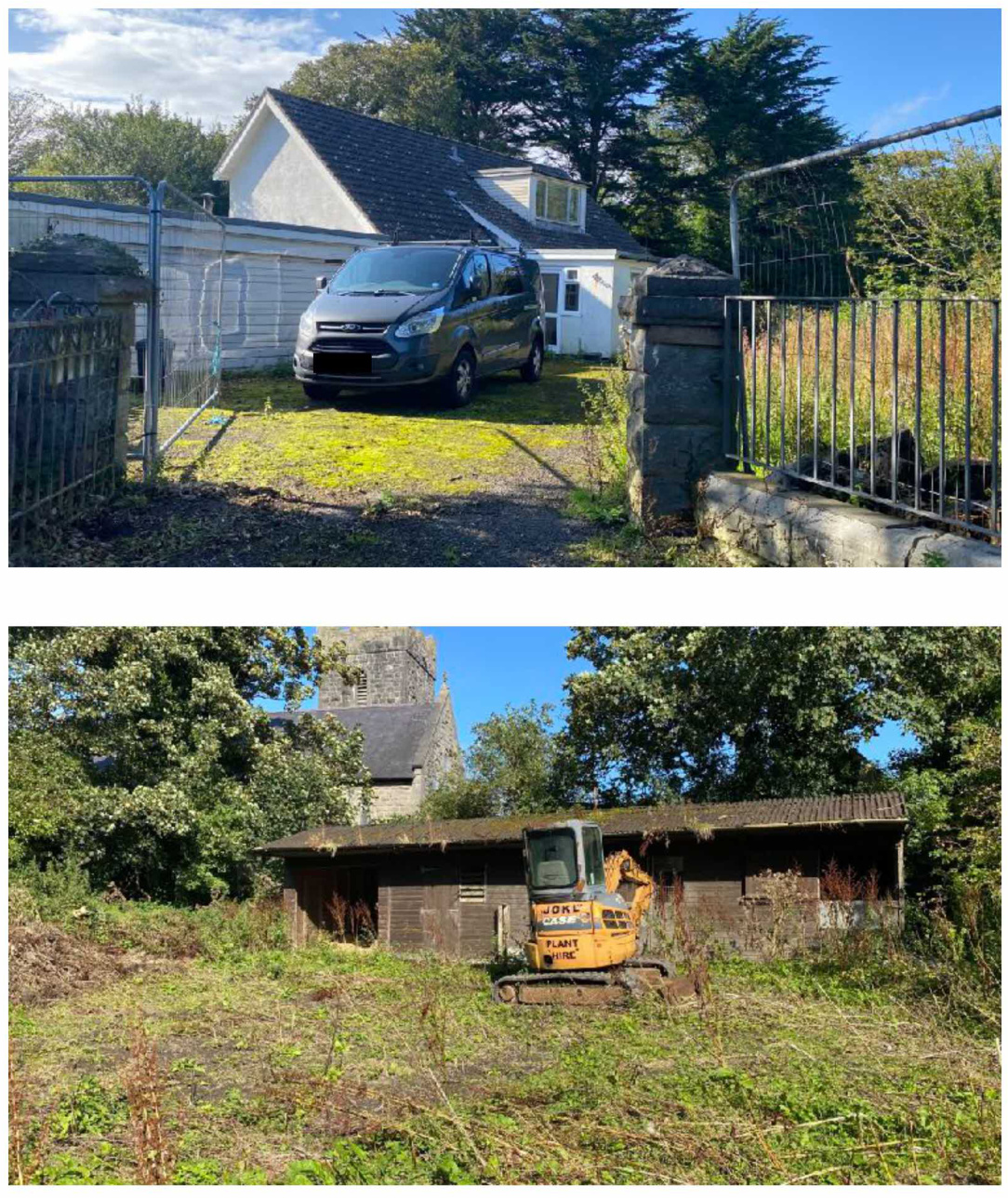 Two photographs showing the existing site: the top image displays a white detached house with a driveway and outbuilding, while the bottom image shows a dilapidated wooden shed with an excavator nearby.