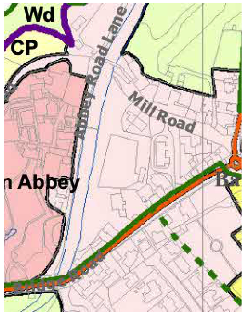 A location map showing the site context with surrounding roads like Abbey Road Lane and Mill Road, along with colored planning zones.