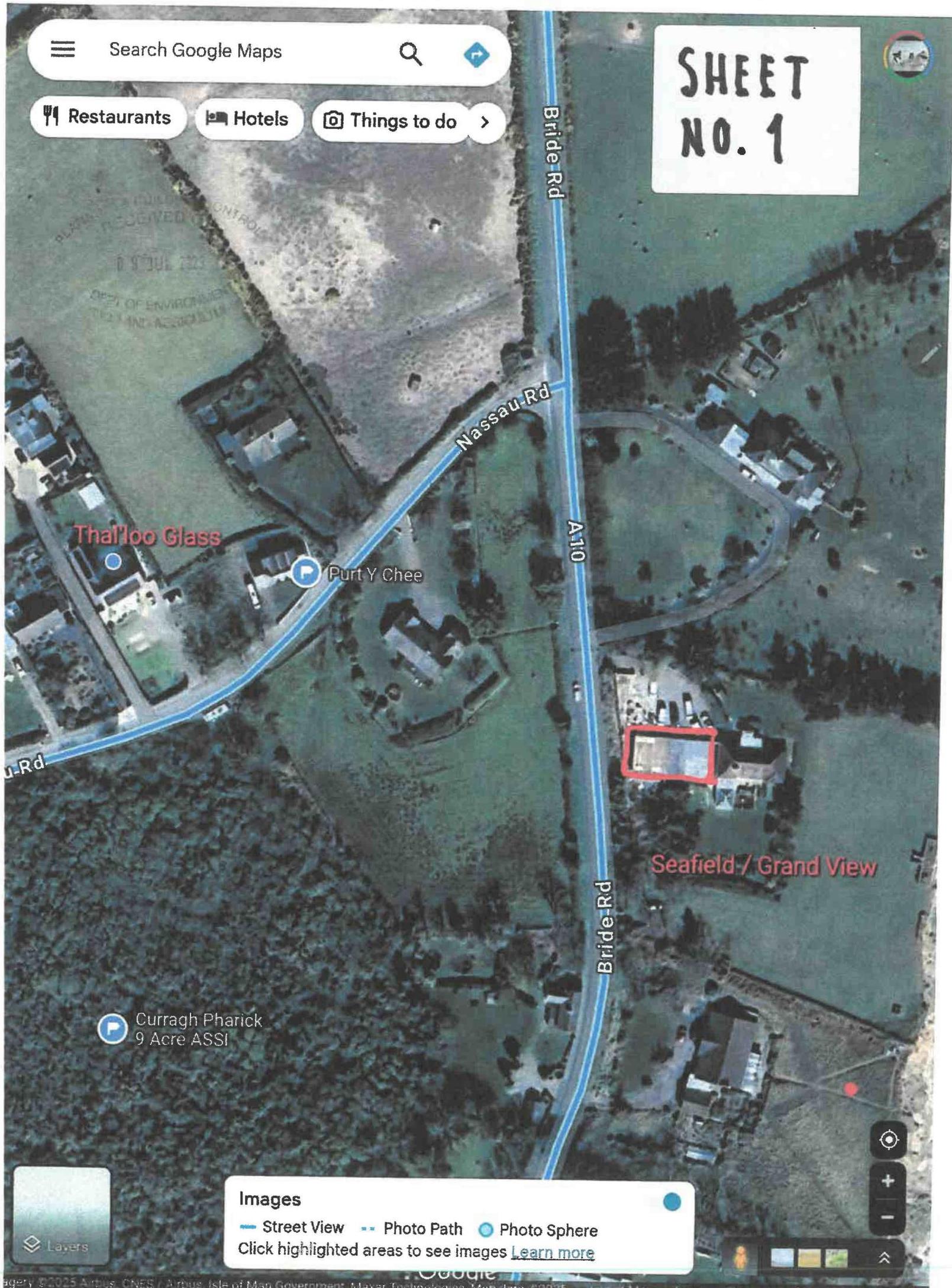 Aerial screenshot from Google Maps showing the site location with a red boundary box highlighting the property near Bride Road and Nassau Road.