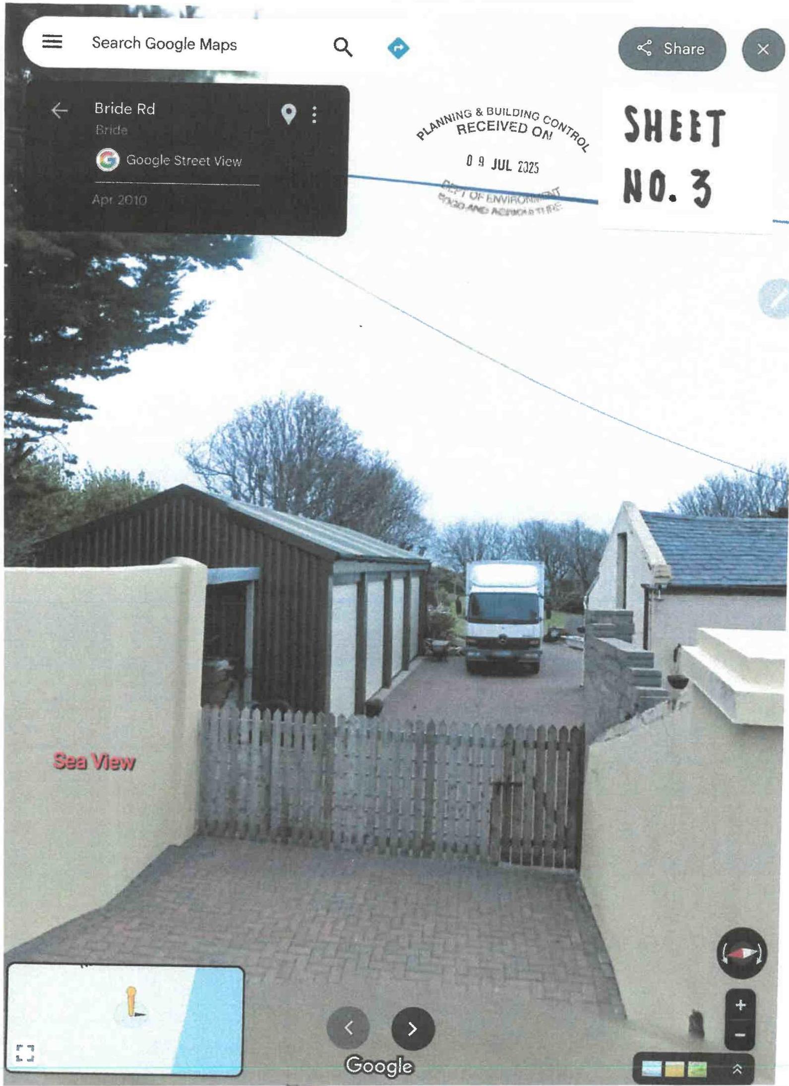 Screenshot of Google Maps interface showing the site location and existing outbuilding structure with a planning stamp overlay.