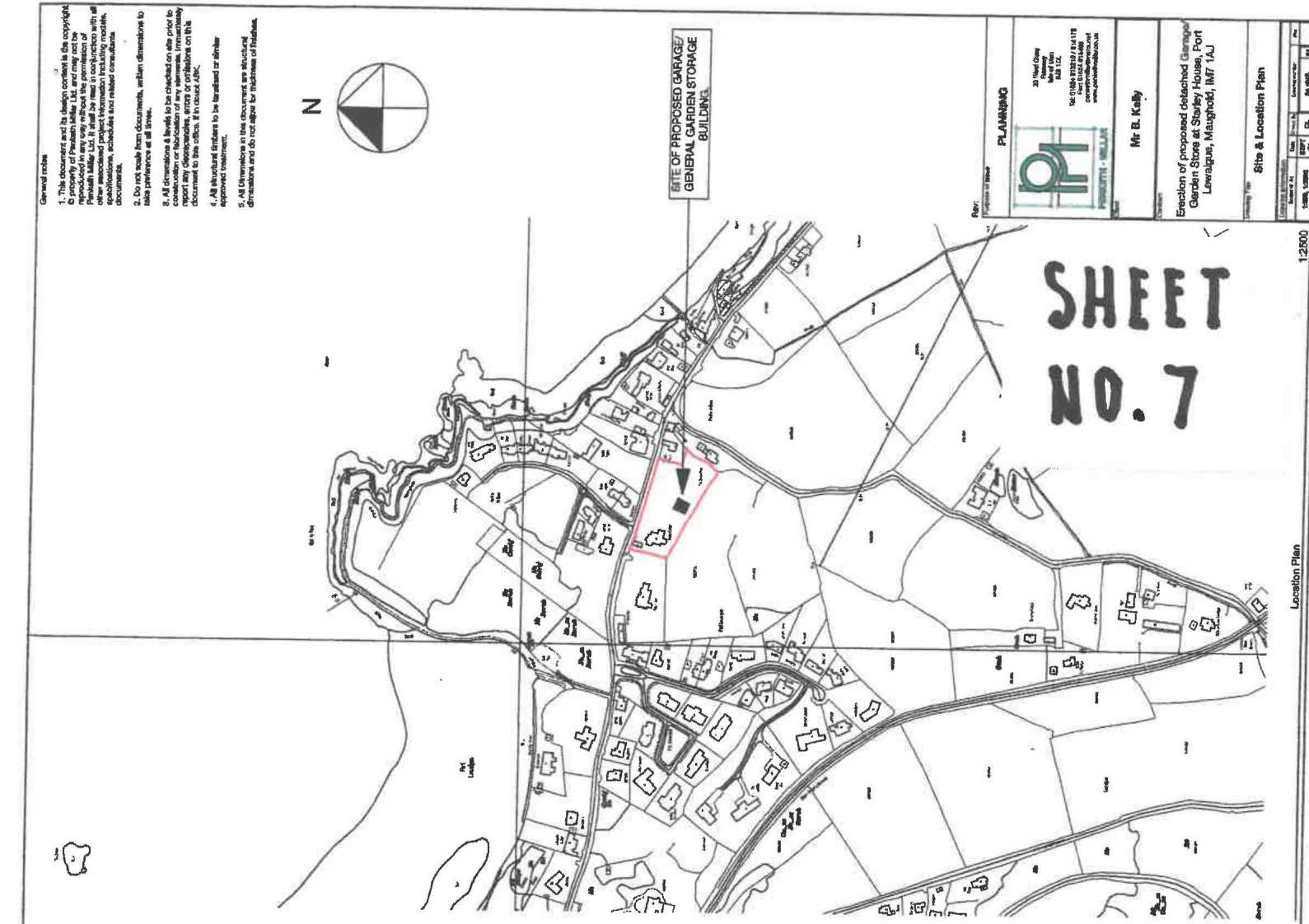 This image displays a site location plan (Sheet No. 7) illustrating the proposed location of a detached garage within a rural setting.
