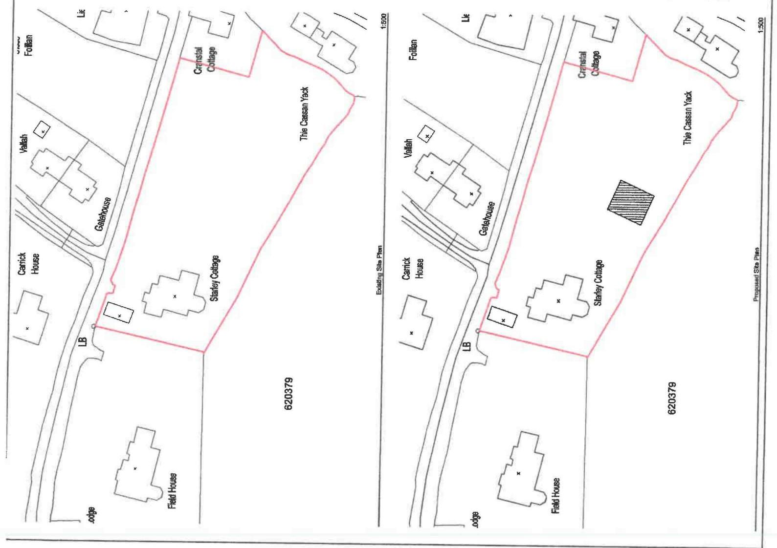Side-by-side existing and proposed site plans showing a rural plot with a hatched rectangle indicating a new detached garage.