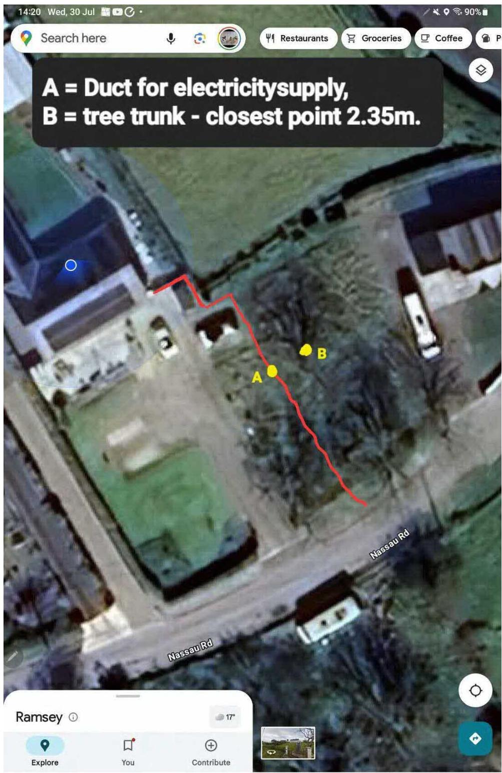 Aerial satellite view screenshot of a property site on Nassau Rd with annotations indicating a duct path and tree trunk location.