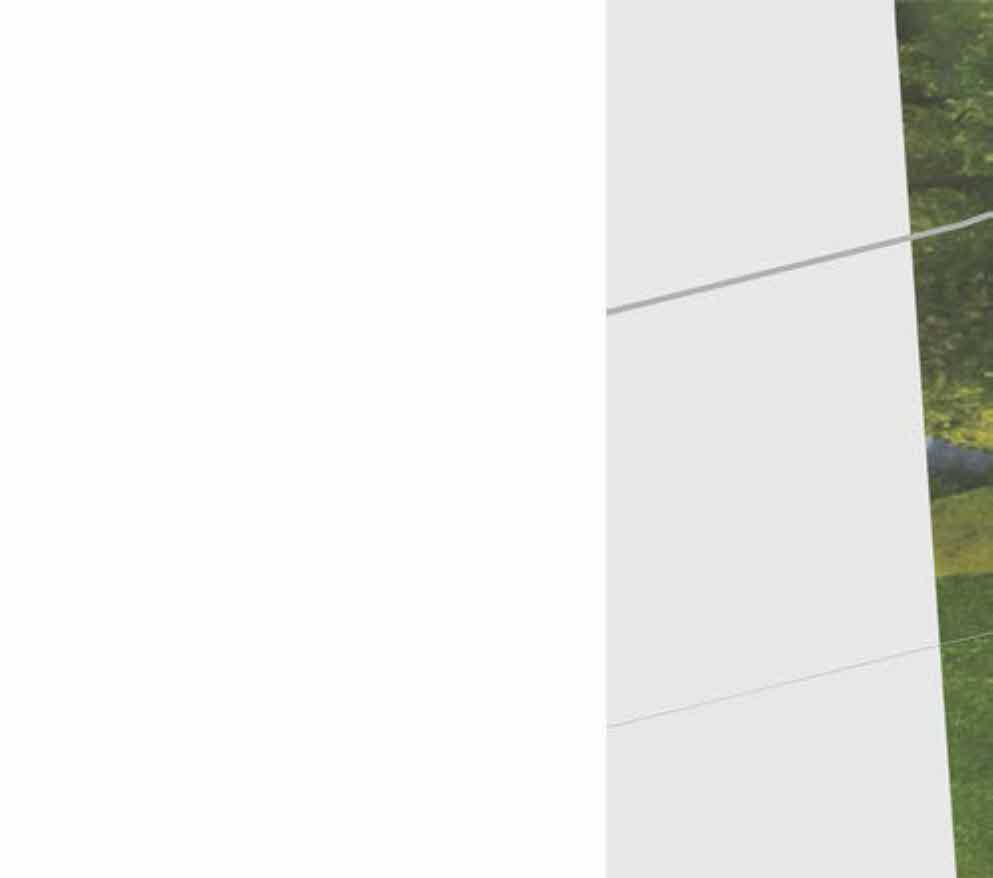 A close-up view of a white exterior wall with horizontal lines adjacent to green vegetation.