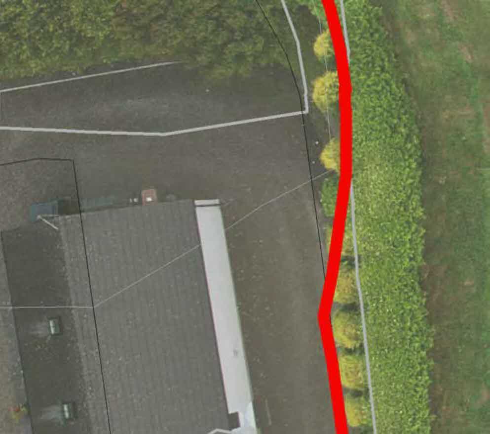 Aerial view site plan showing a detached house, driveway, and a red line marking a boundary hedge.