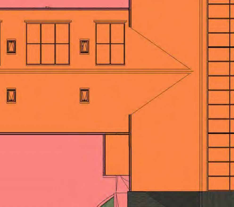 A close-up architectural drawing showing a building elevation with windows and colored sections, likely illustrating the proposed extension and garages.