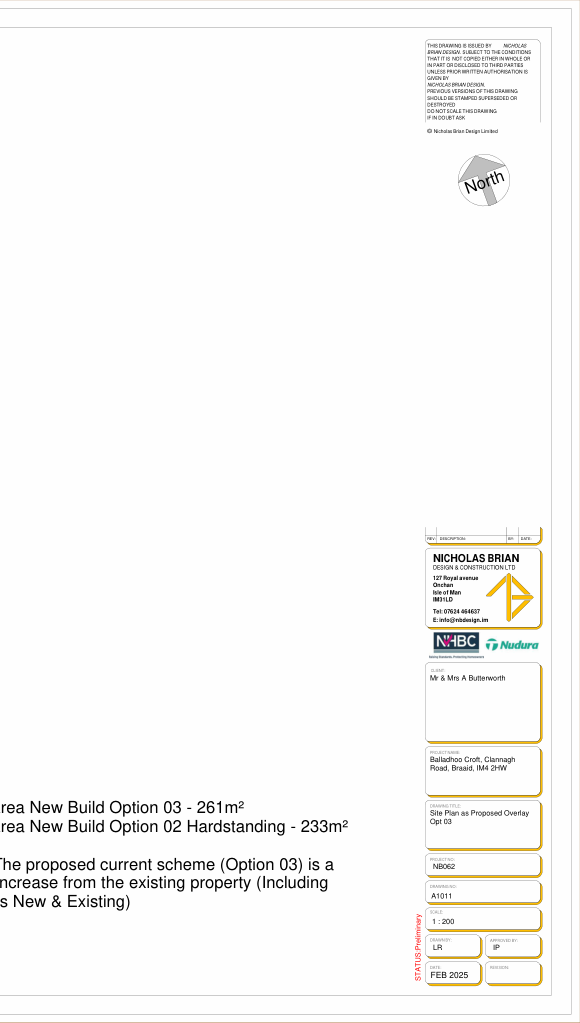 This image shows the title block and header information for a planning document titled 'Site Plan as Proposed Overlay Opt 03' for a property in Braaid.